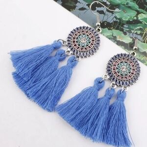 NEW‎ Blue Easter Western Tribal Tassel Dangling Gift Earrings Preppy Clueless